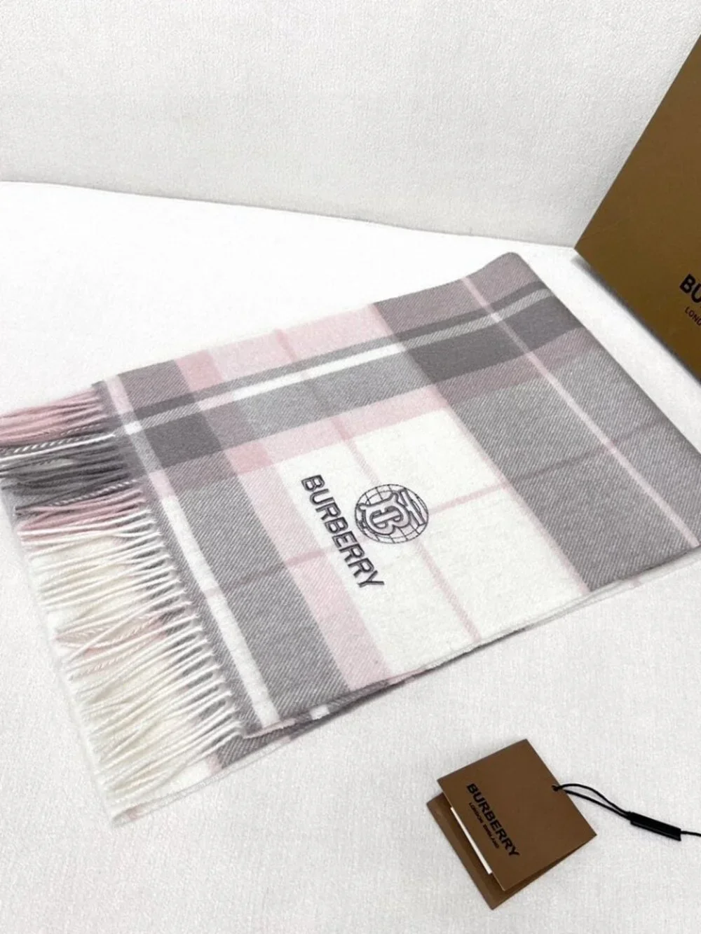 Burberry Embroidered TB Logo Cream‑Tone Check Scarf Soft Fringe Designer Shawl